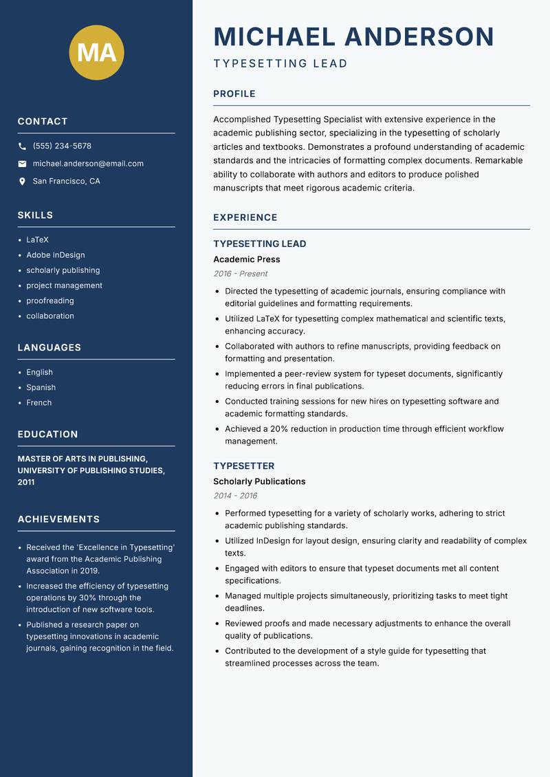 Typesetting Specialist Resume Preview Example
