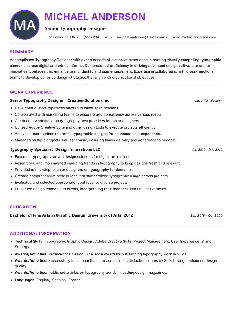 Typography Designer Resume Preview Example