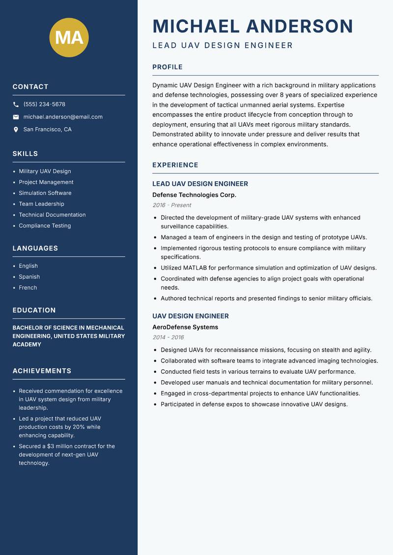 UAV Design Engineer Resume Preview Example