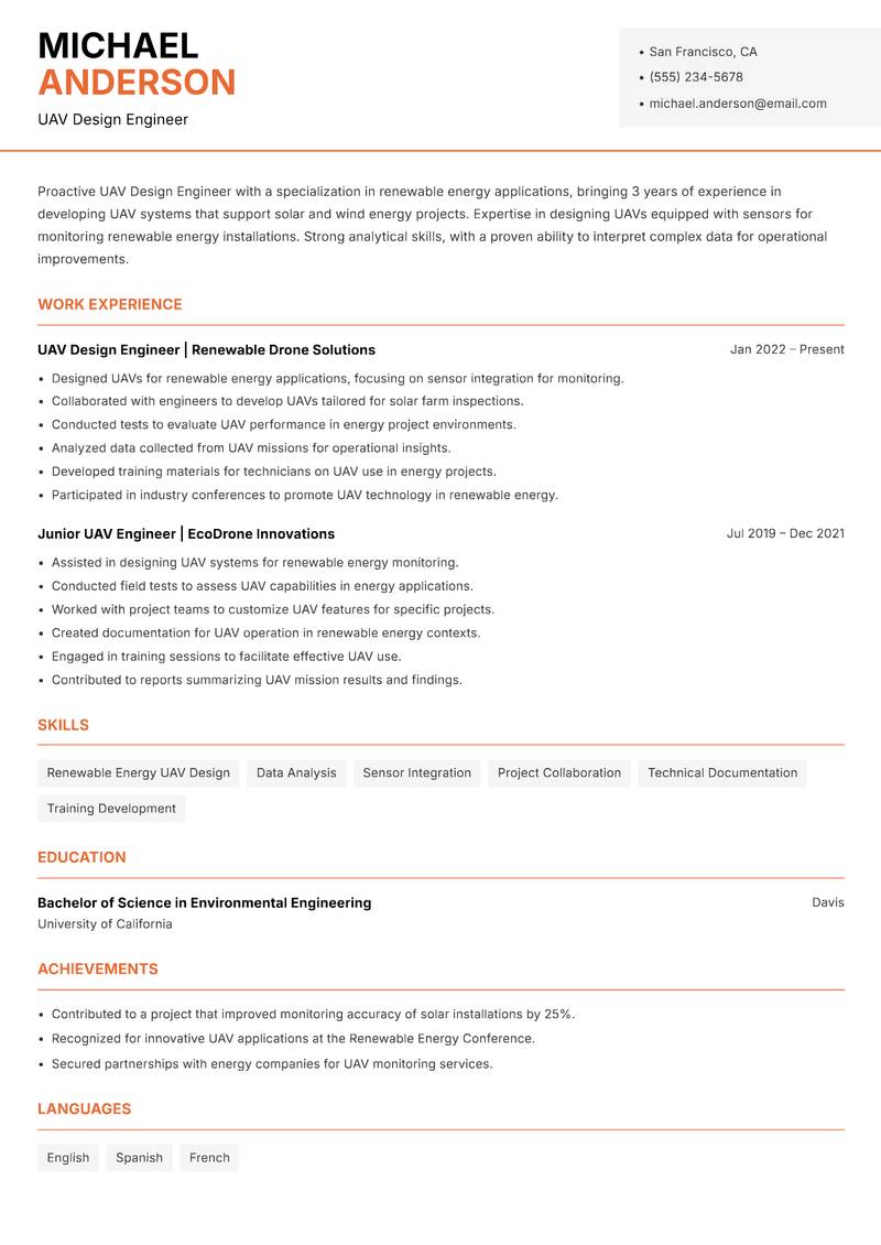 UAV Design Engineer Resume Template