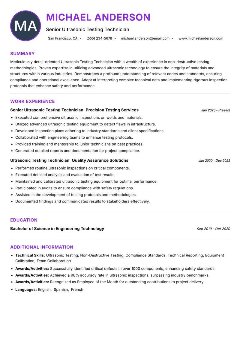 Ultrasonic Testing Technician Resume Preview Example