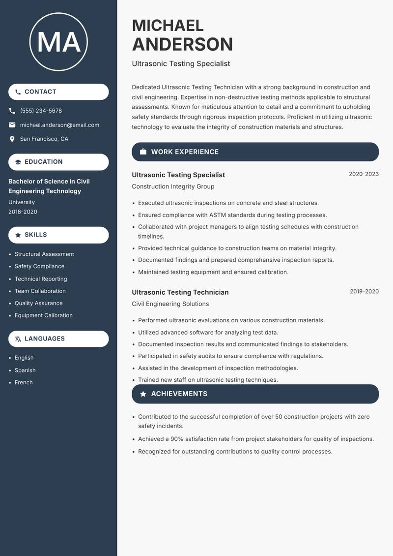 Ultrasonic Testing Technician Resume Preview Example