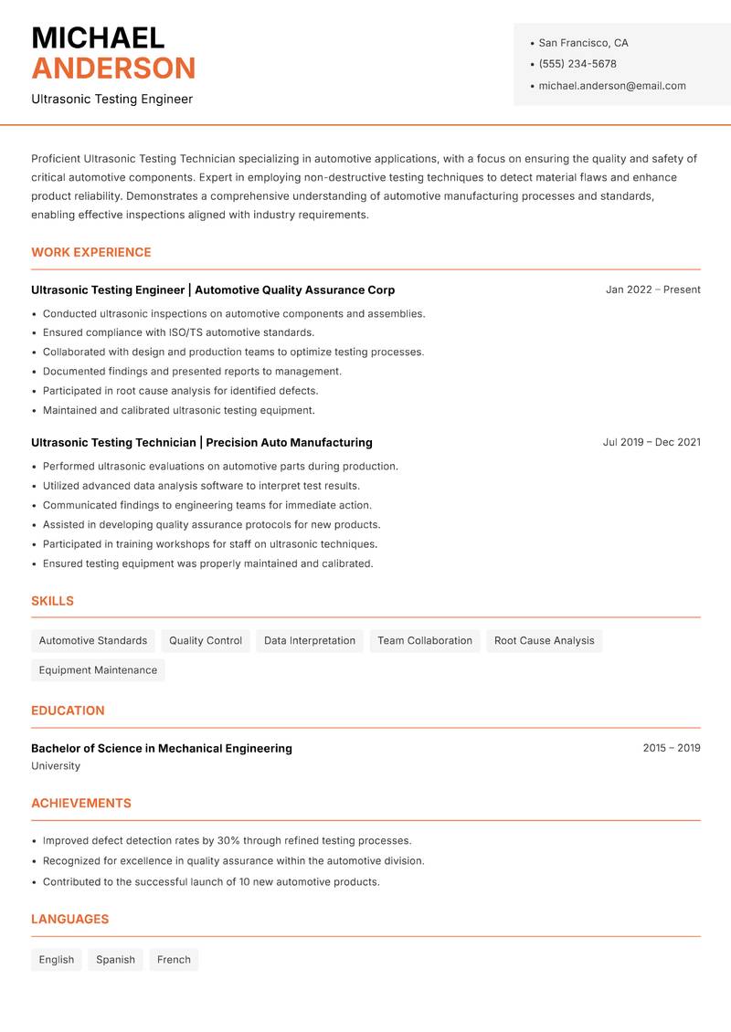 Ultrasonic Testing Technician Resume Template