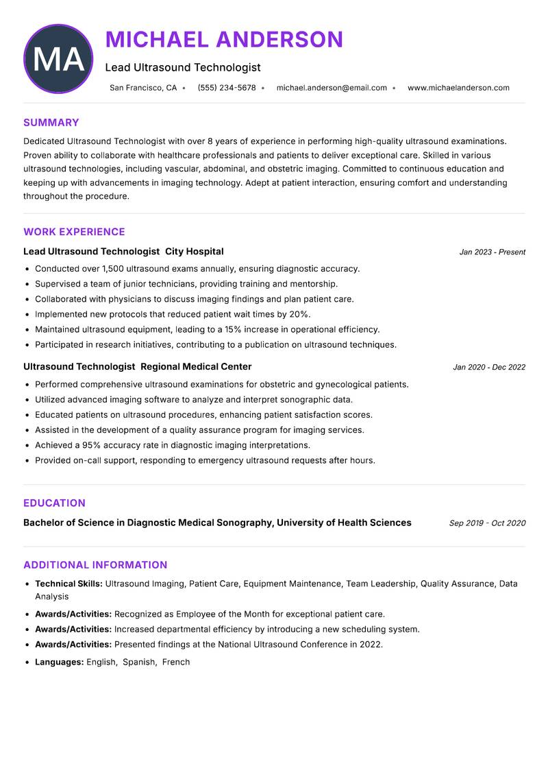 Ultrasound Technologist Resume Preview Example