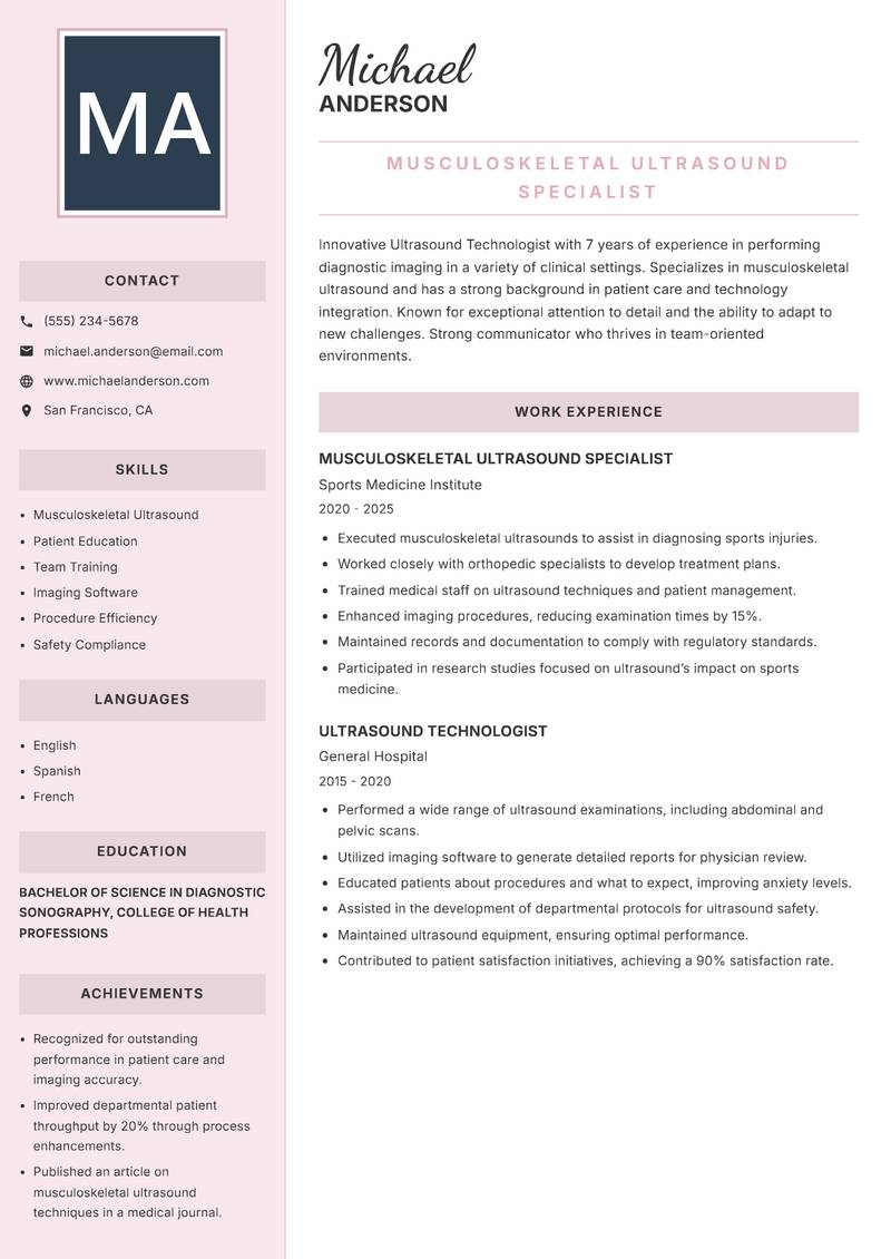 Ultrasound Technologist Resume Preview Example