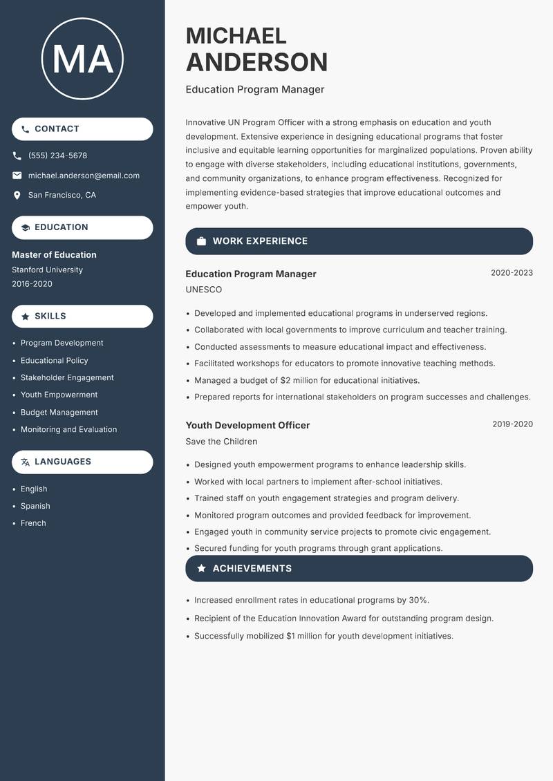 UN Program Officer Resume Preview Example