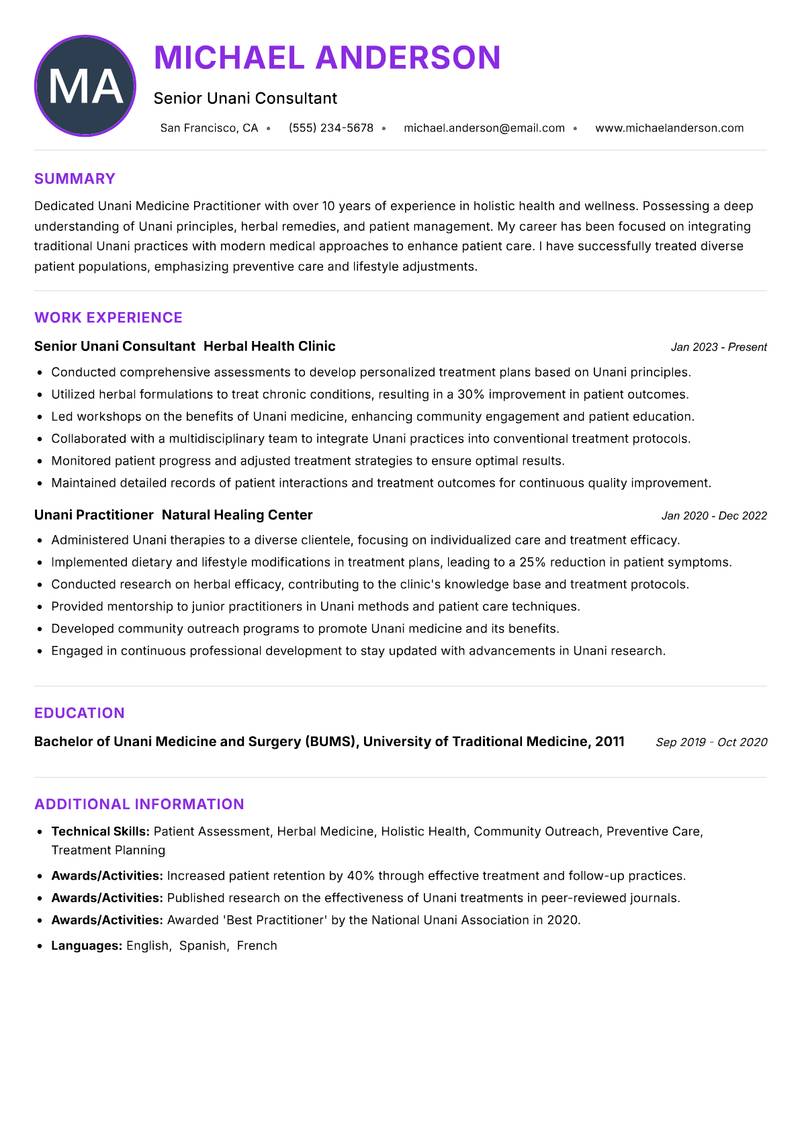 Unani Medicine Practitioner Resume Preview Example