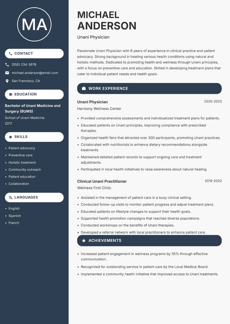 Unani Physician Resume Preview Example