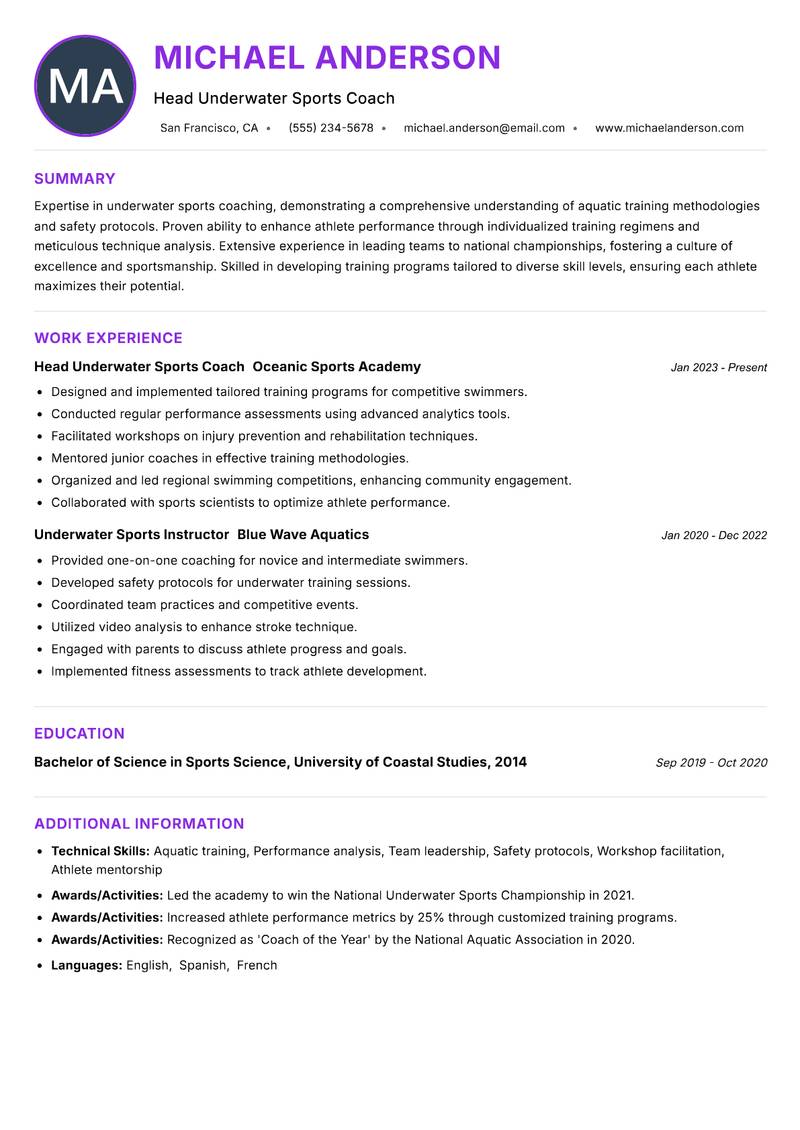 Underwater Sports Coach Resume Preview Example