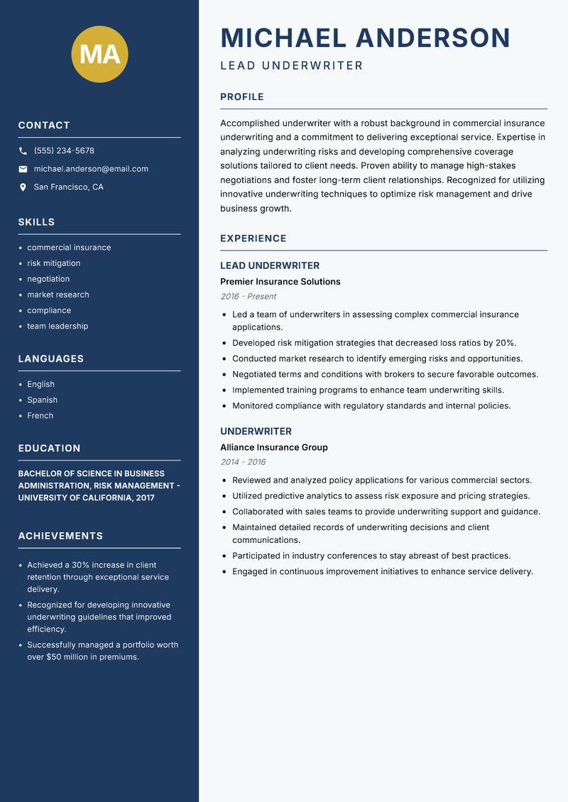 Underwriter Resume Preview Example