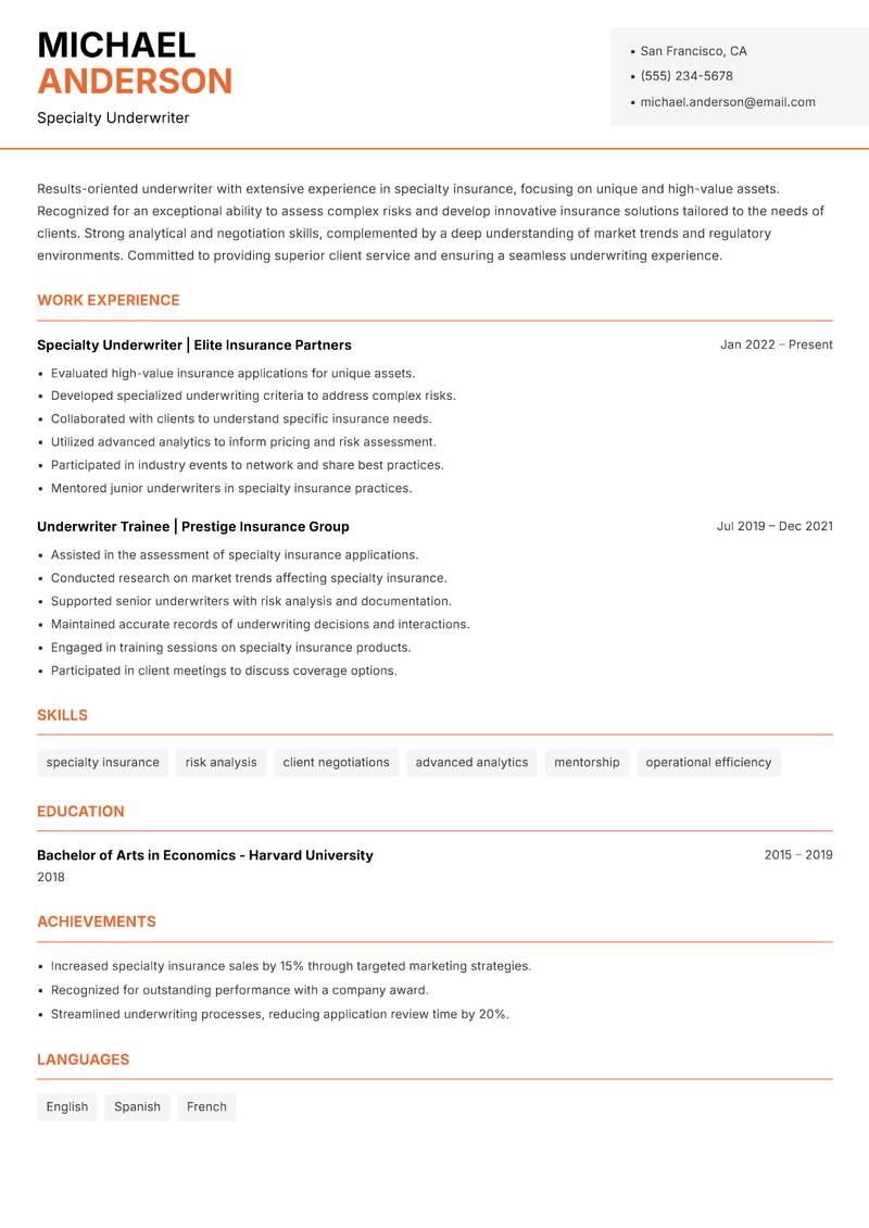 Underwriter Resume Template