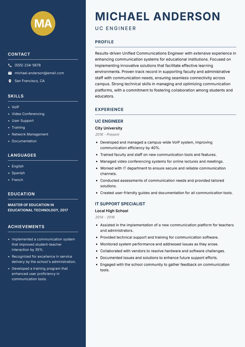 Unified Communications Engineer Resume Preview Example