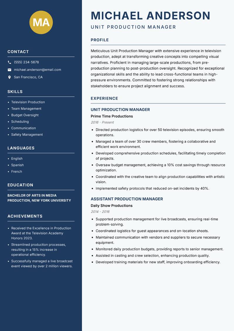 Unit Production Manager Resume Preview Example