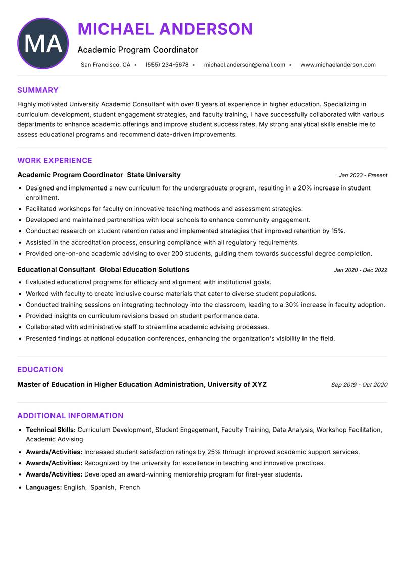 University Academic Consultant Resume Preview Example