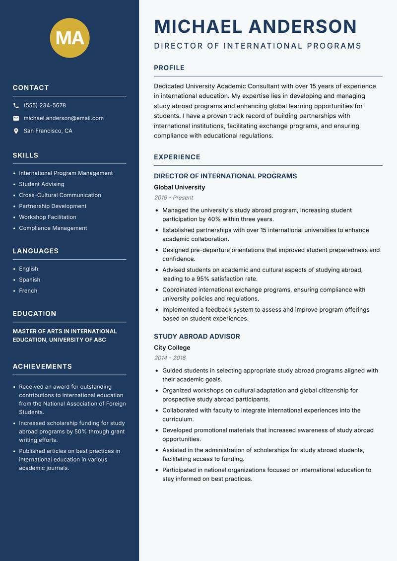 University Academic Consultant Resume Preview Example