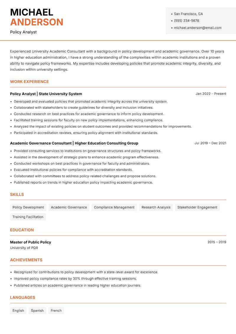 University Academic Consultant Resume Template