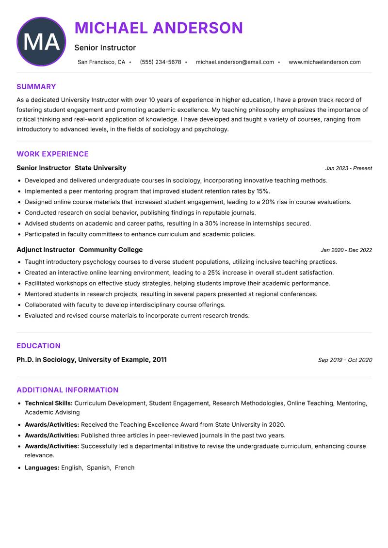 University Instructor Resume Preview Example