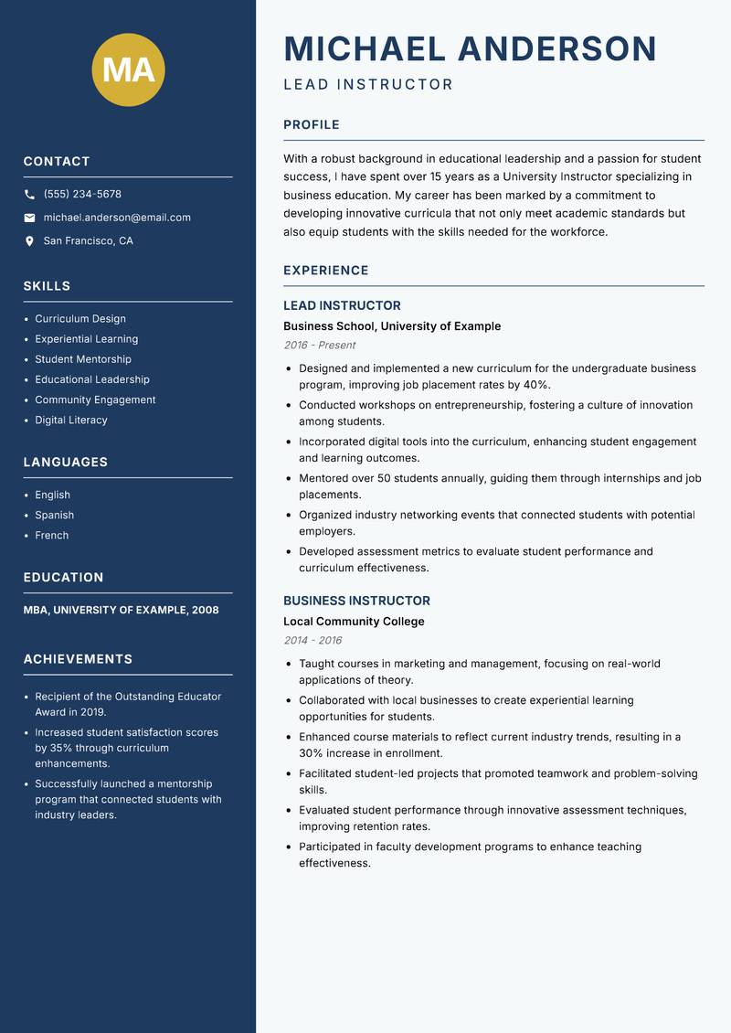 University Instructor Resume Preview Example