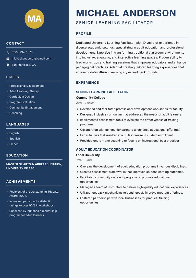 University Learning Facilitator Resume Preview Example