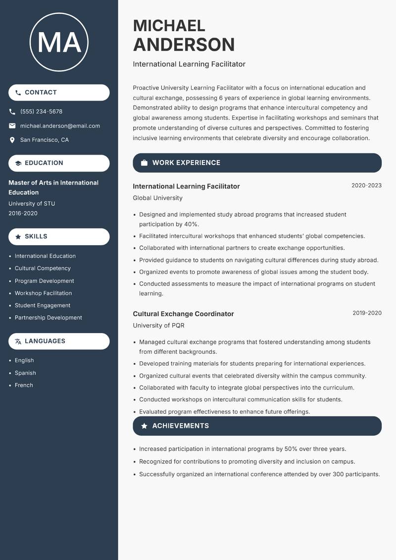 University Learning Facilitator Resume Preview Example