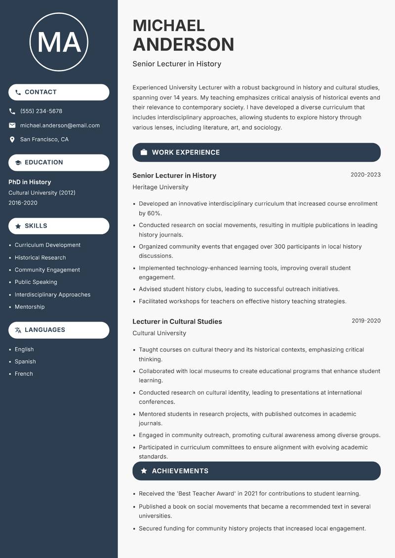 University Lecturer Resume Preview Example