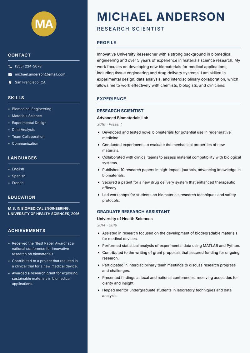 University Researcher Resume Preview Example