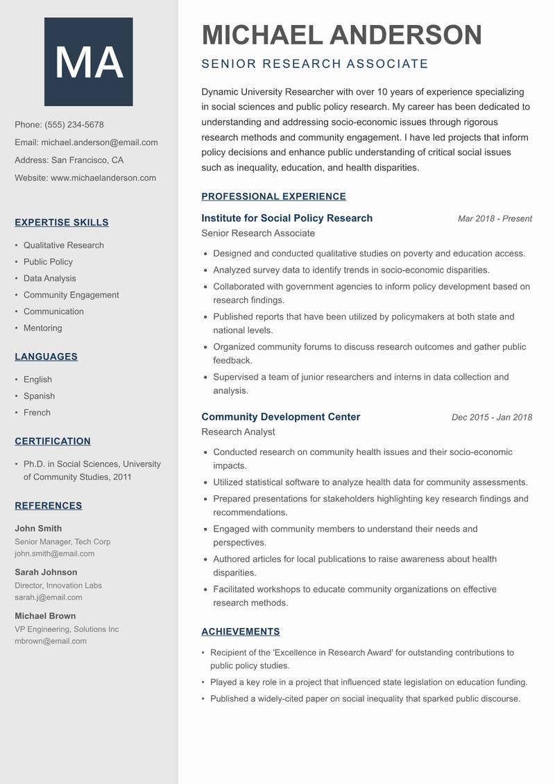 University Researcher Resume Preview Example