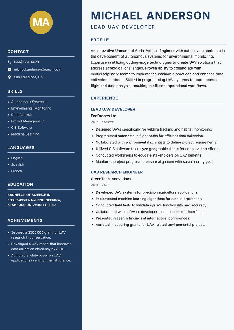Unmanned Aerial Vehicle Engineer Resume Preview Example