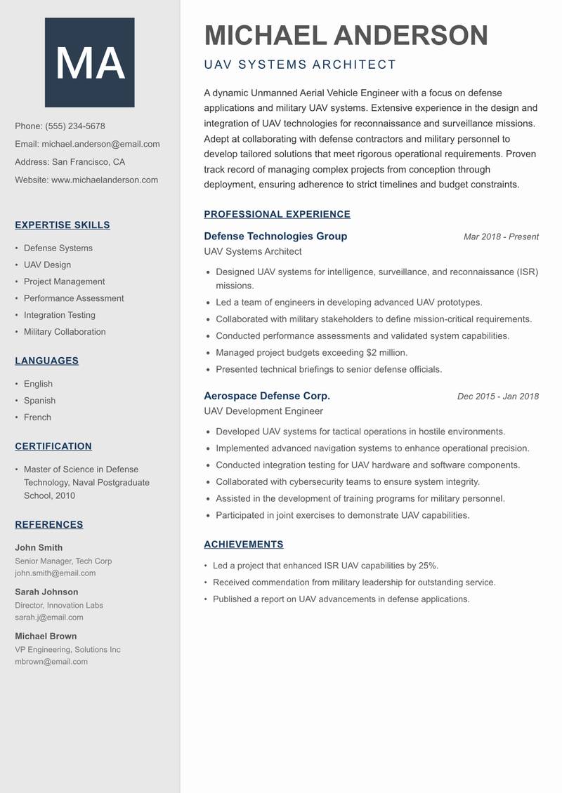Unmanned Aerial Vehicle Engineer Resume Preview Example