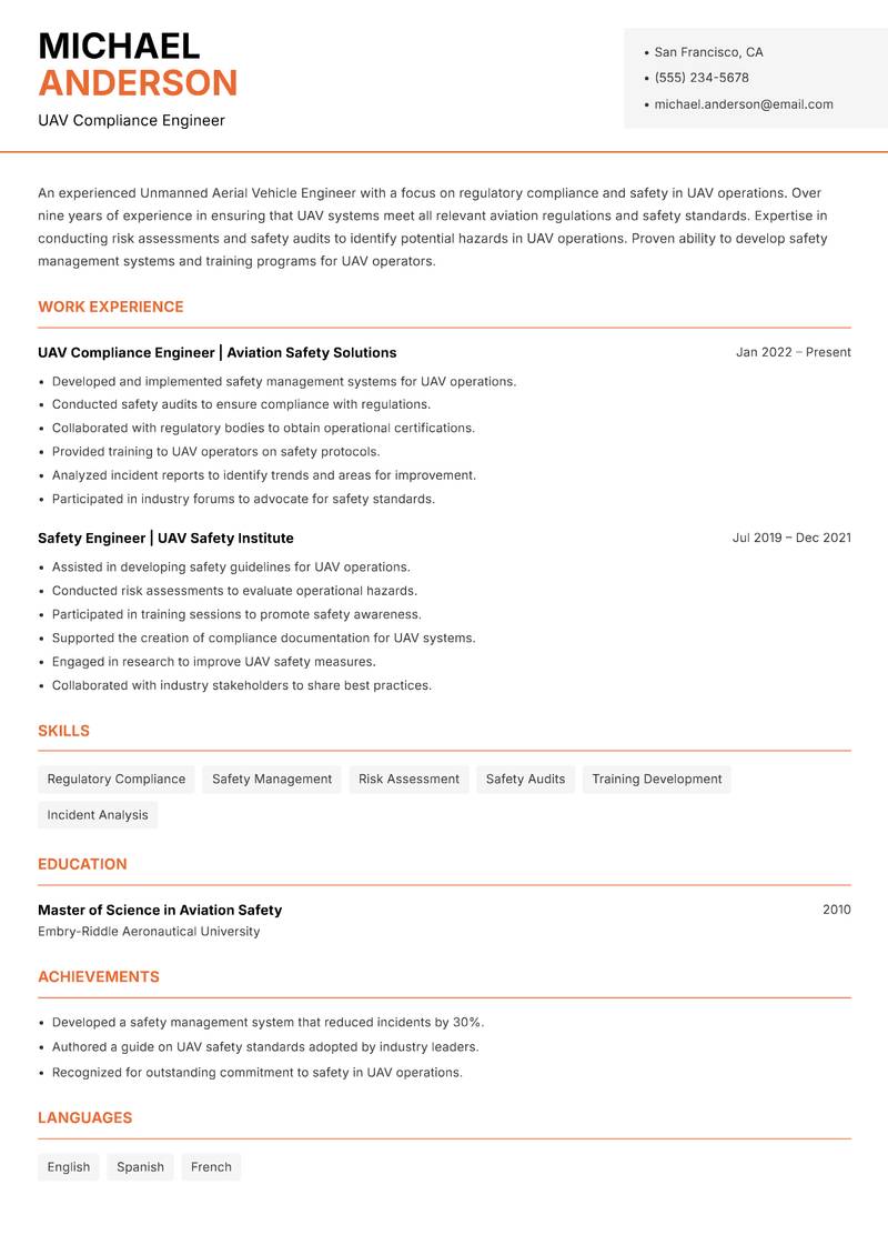 Unmanned Aerial Vehicle Engineer Resume Template