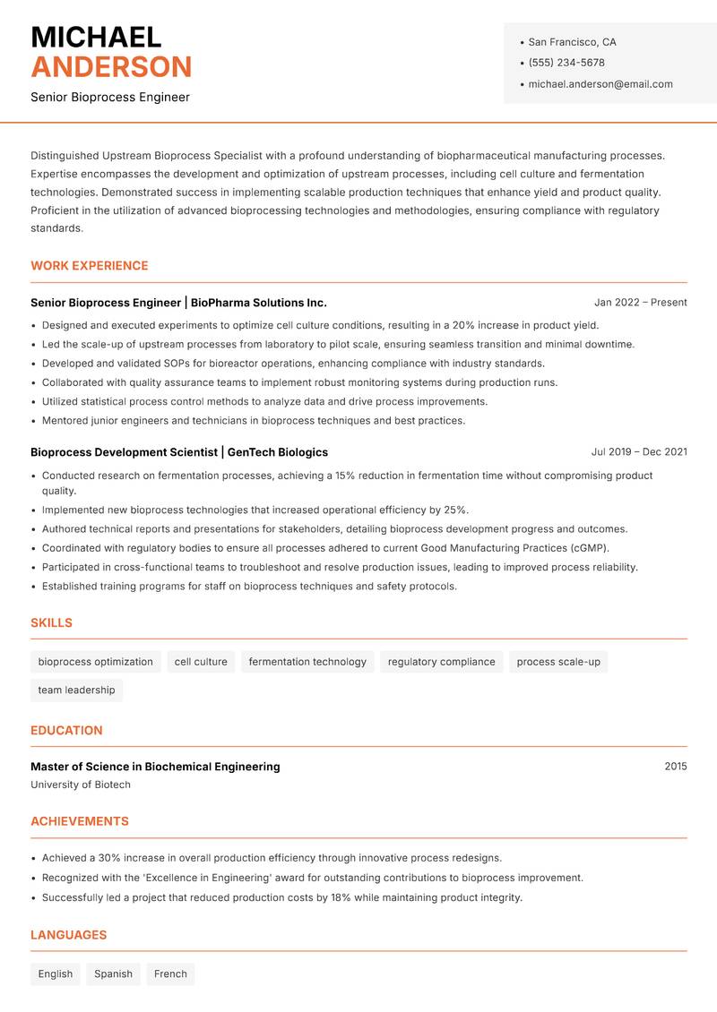 Upstream Bioprocess Specialist Resume Template