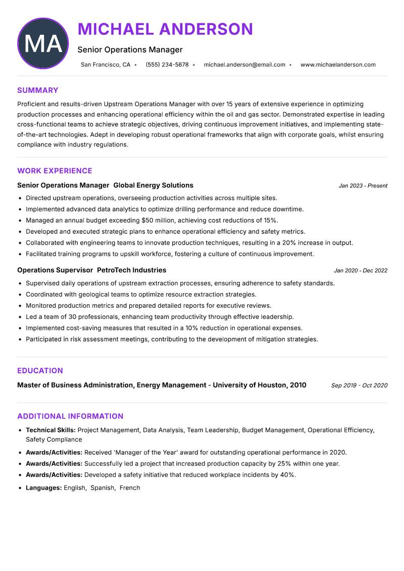 Upstream Operations Manager Resume Preview Example