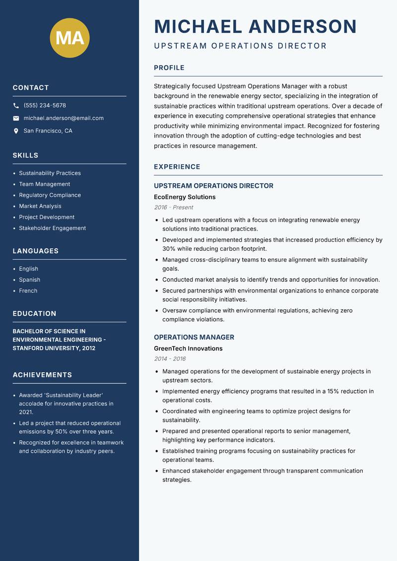 Upstream Operations Manager Resume Preview Example