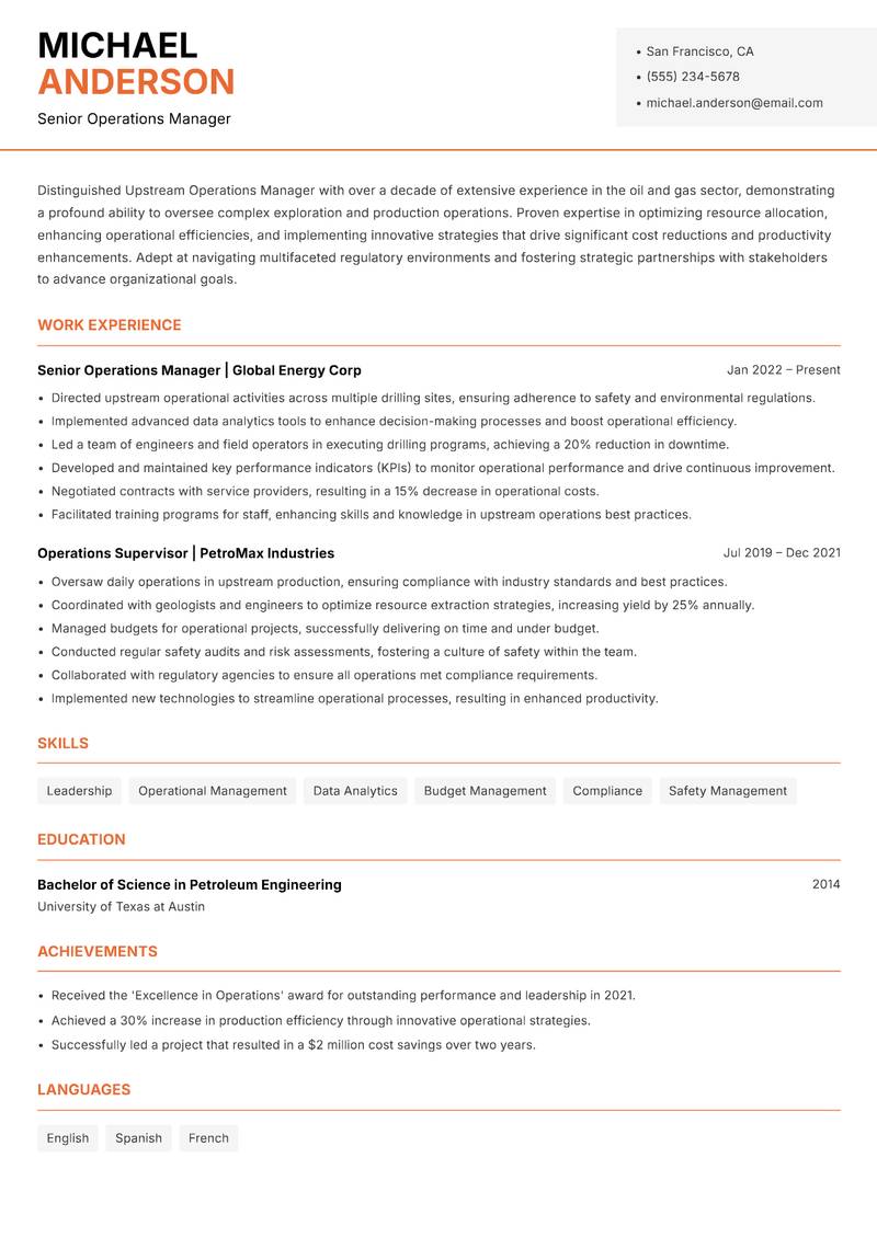 Upstream Operations Manager Resume Template