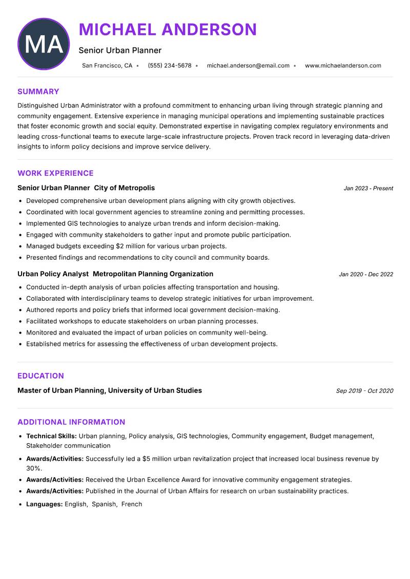 Urban Administrator Resume Preview Example