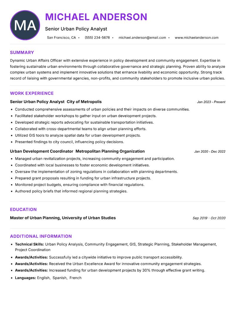 Urban Affairs Officer Resume Preview Example