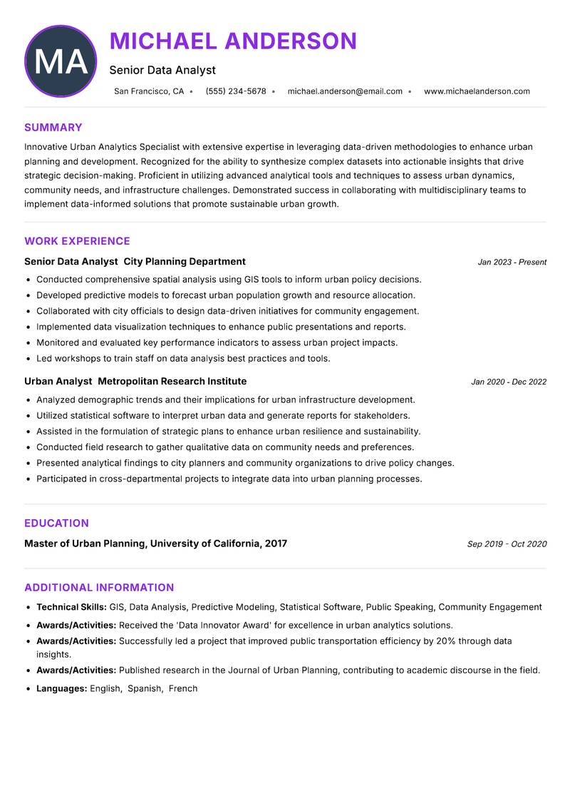 Urban Analytics Specialist Resume Preview Example
