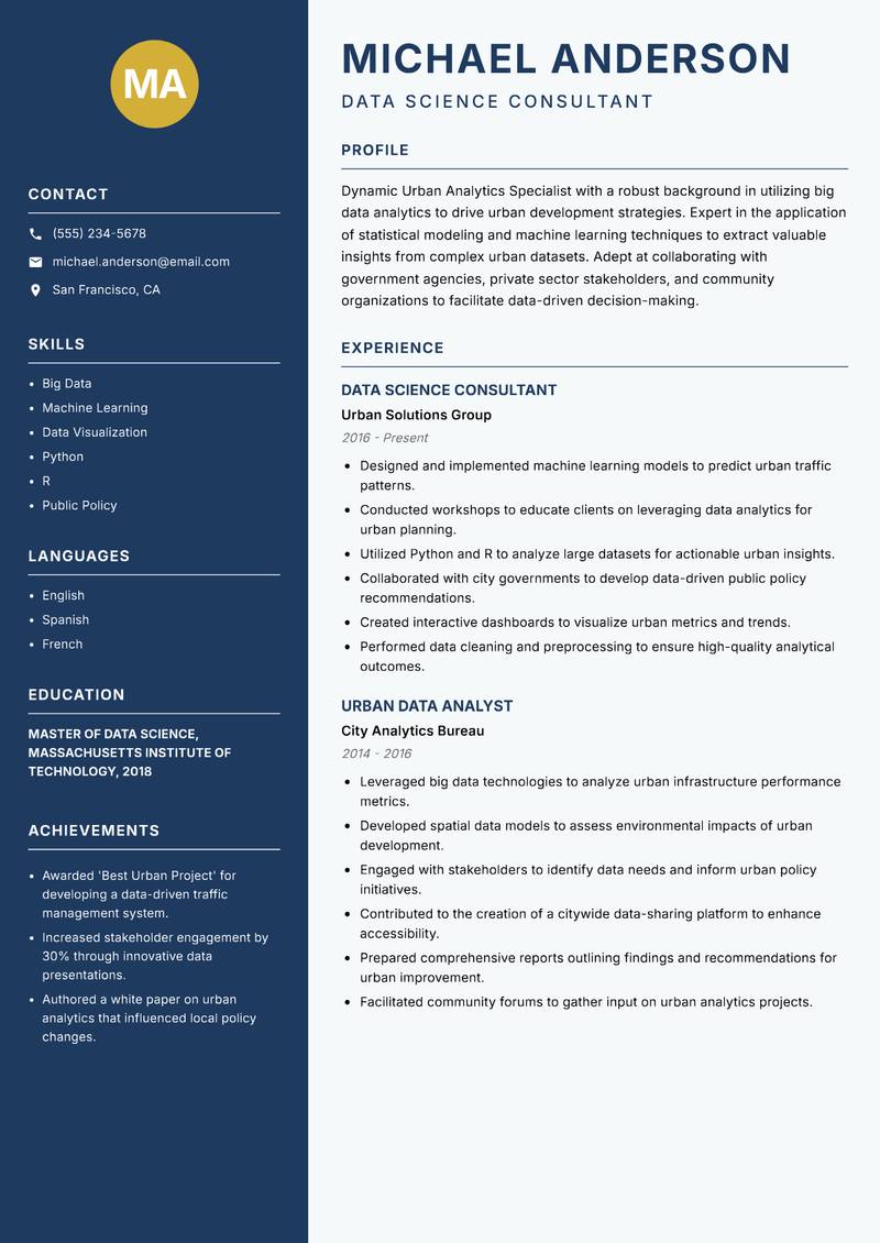 Urban Analytics Specialist Resume Preview Example