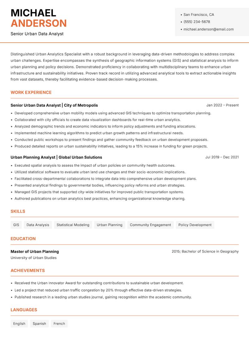 Urban Analytics Specialist Resume Template