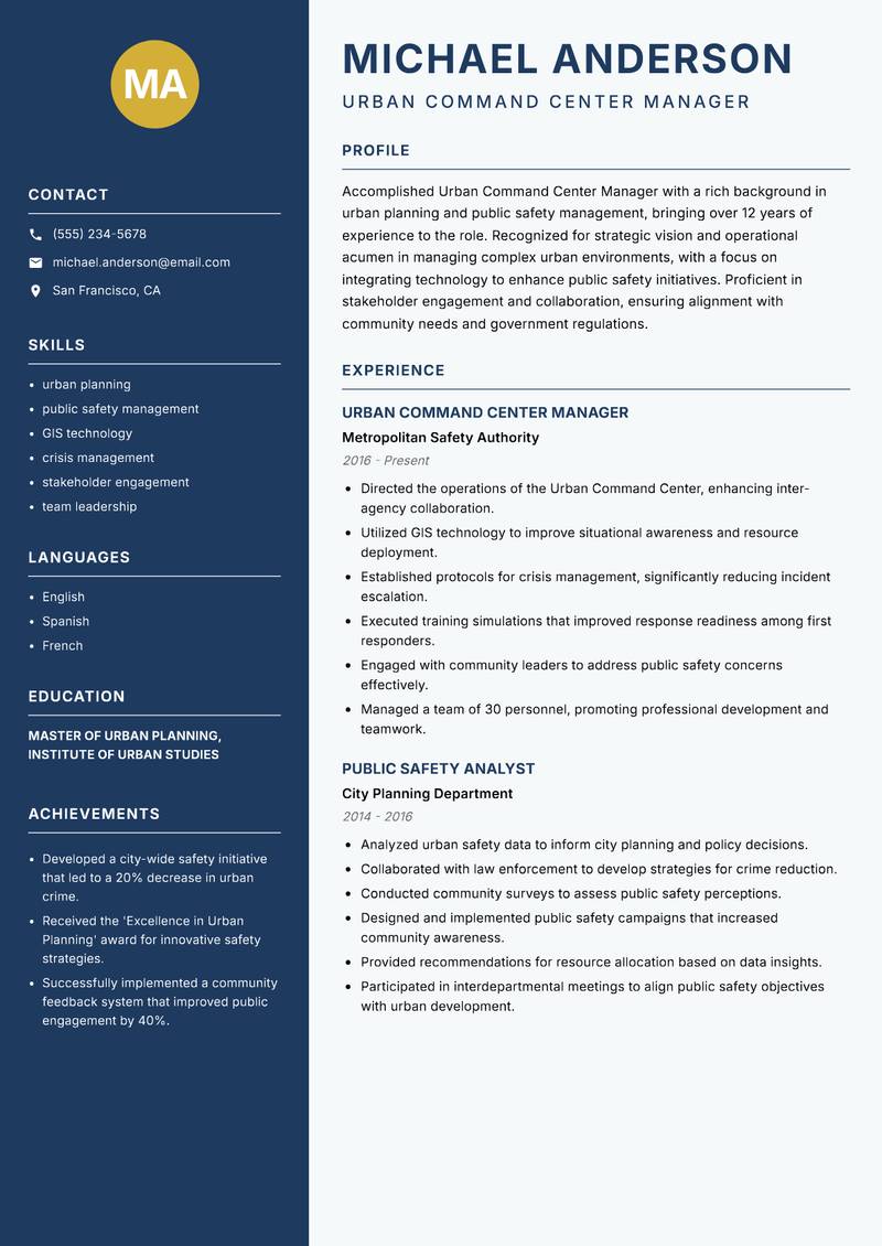 Urban Command Center Manager Resume Preview Example