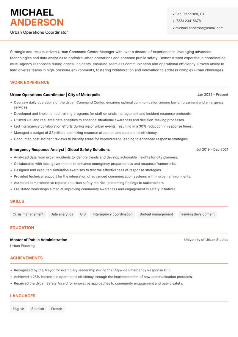 Urban Command Center Manager Resume Template