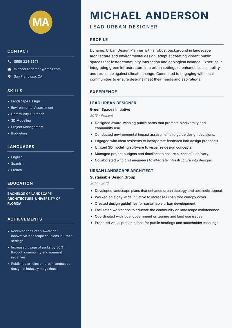 Urban Design Planner Resume Preview Example