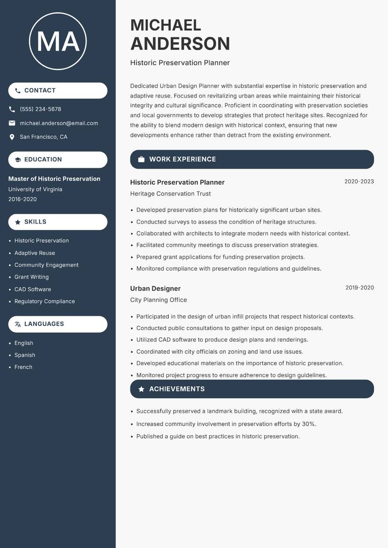Urban Design Planner Resume Preview Example