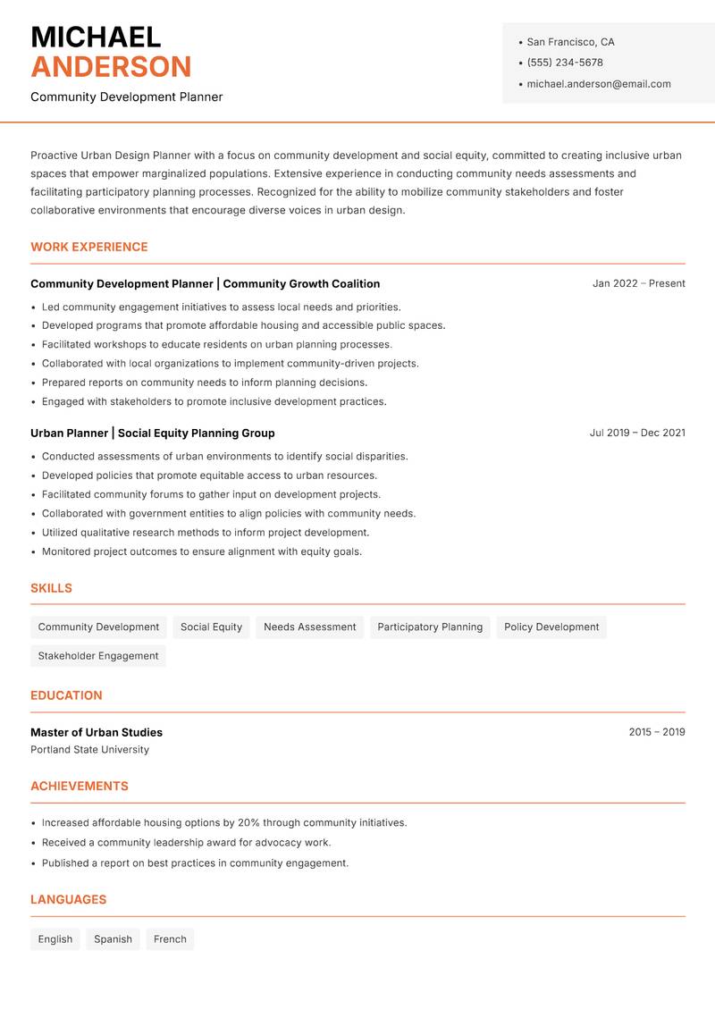 Urban Design Planner Resume Template