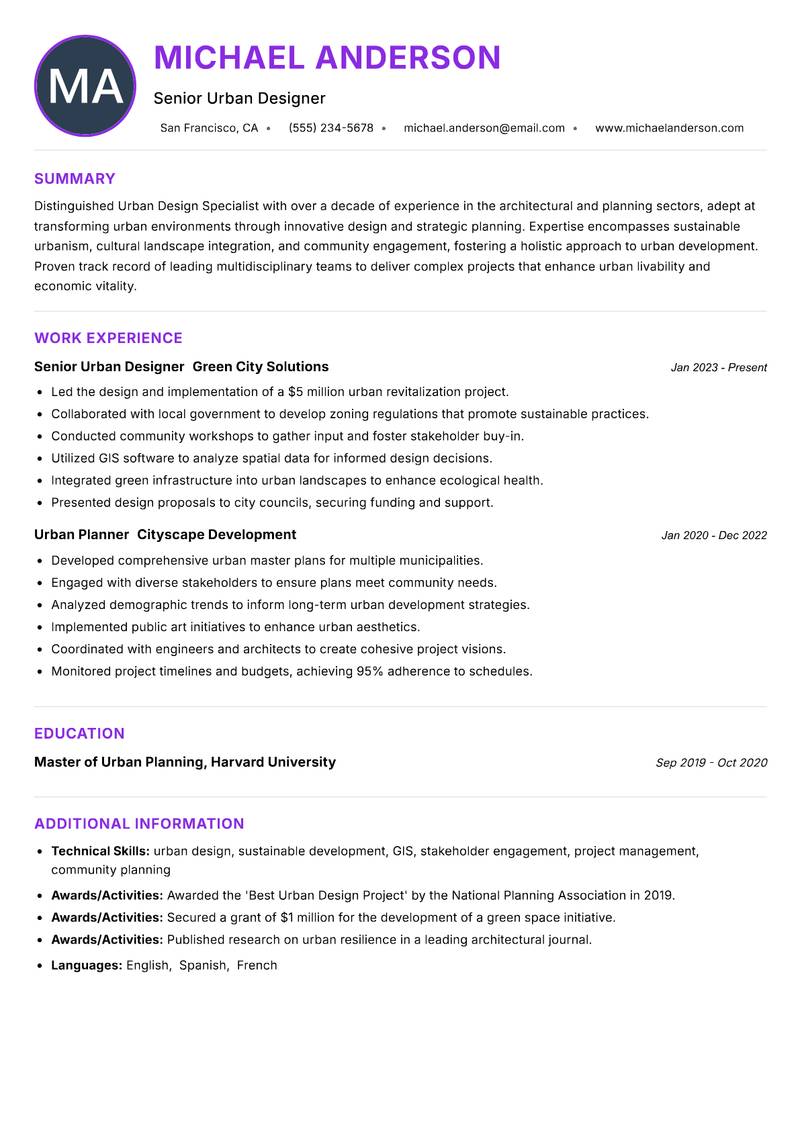 Urban Design Specialist Resume Preview Example