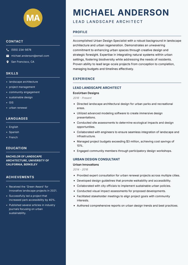 Urban Design Specialist Resume Preview Example