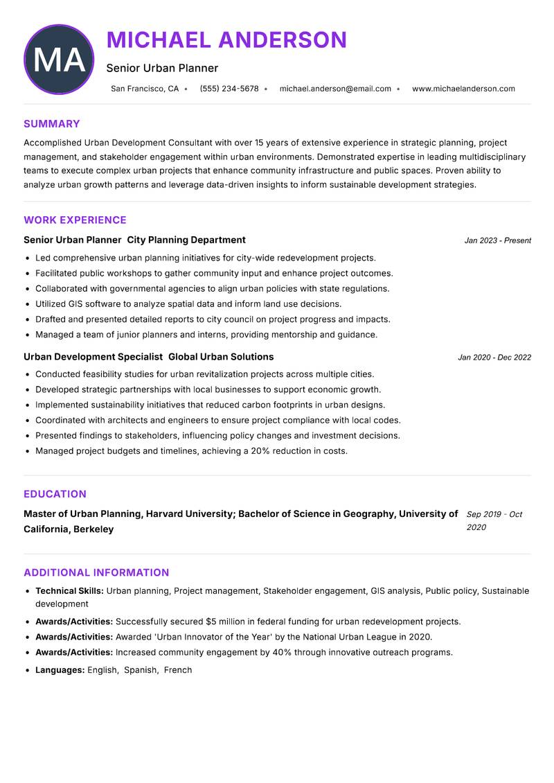Urban Development Consultant Resume Preview Example