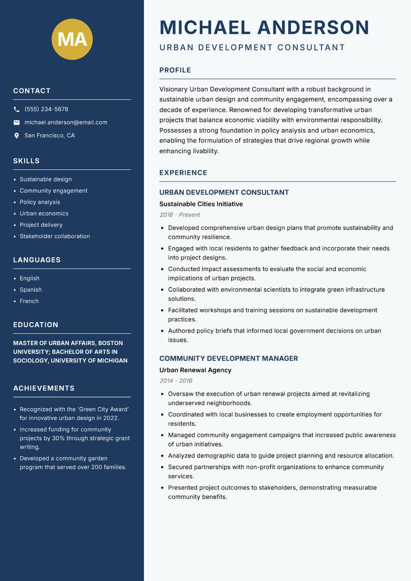 Urban Development Consultant Resume Preview Example