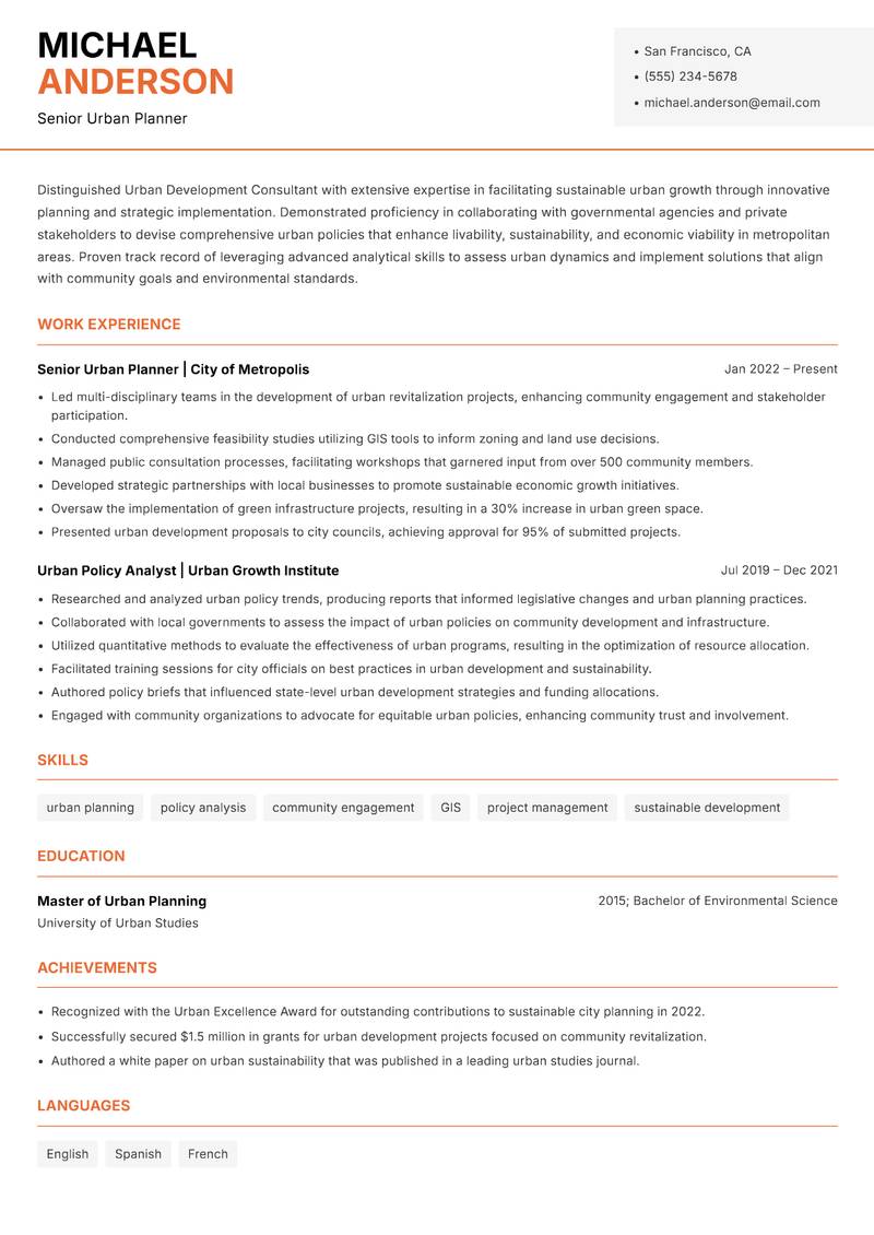 Urban Development Consultant Resume Template