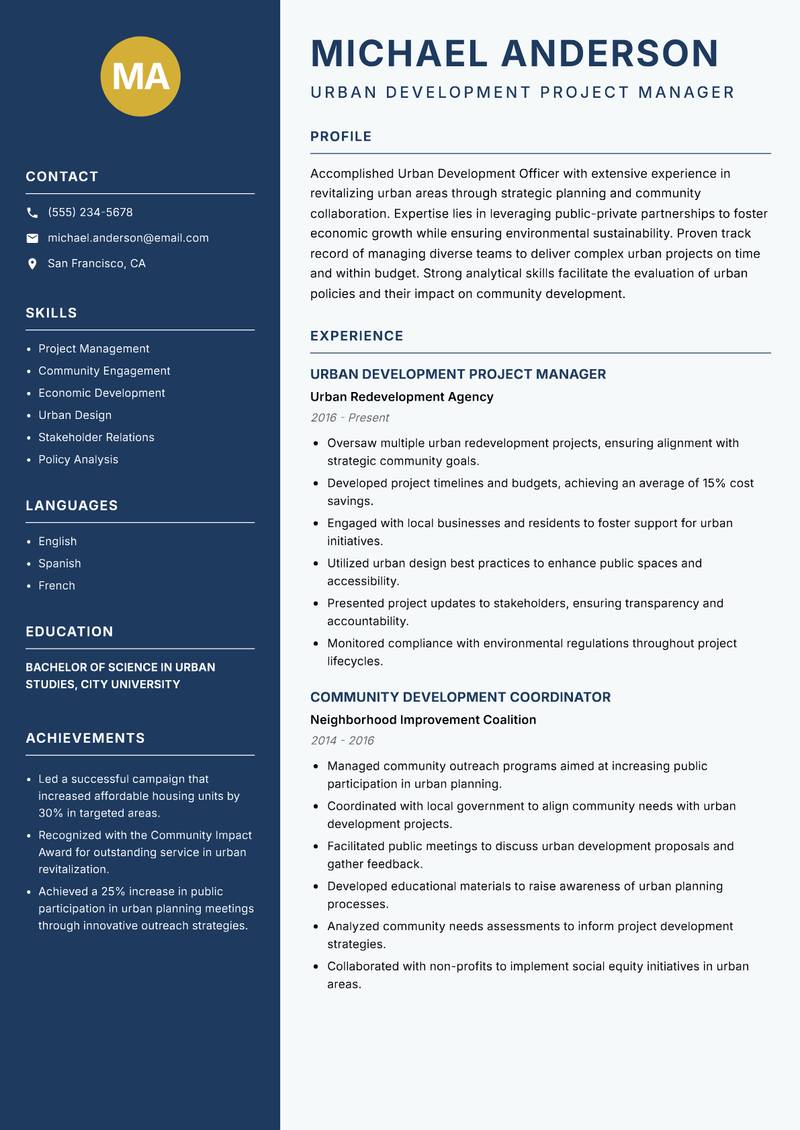 Urban Development Officer Resume Preview Example